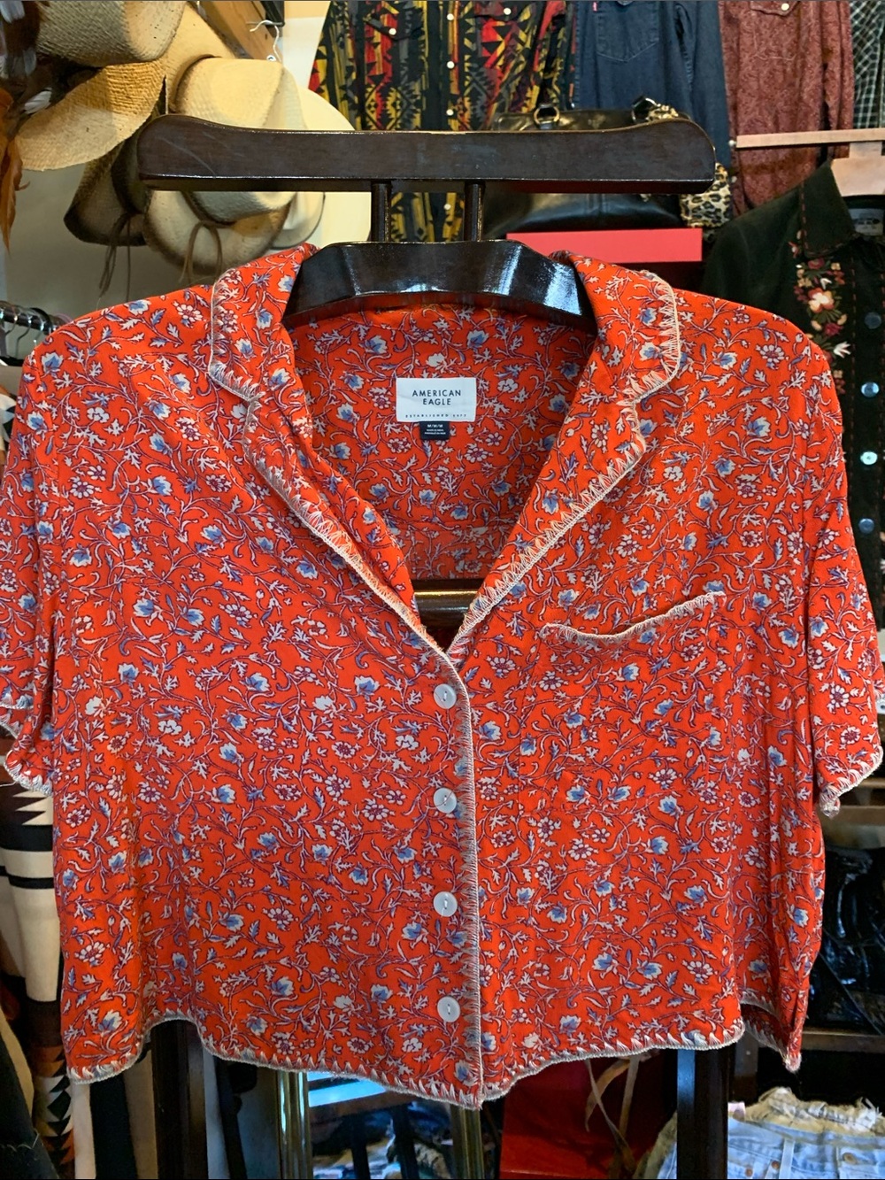 American Eagle Red Floral Short Button Shirt